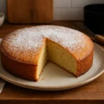 Photo d’un gâteau au petit suisse doré et moelleux, saupoudré de sucre glace, posé sur une assiette dans une cuisine familiale avec lumière naturelle.