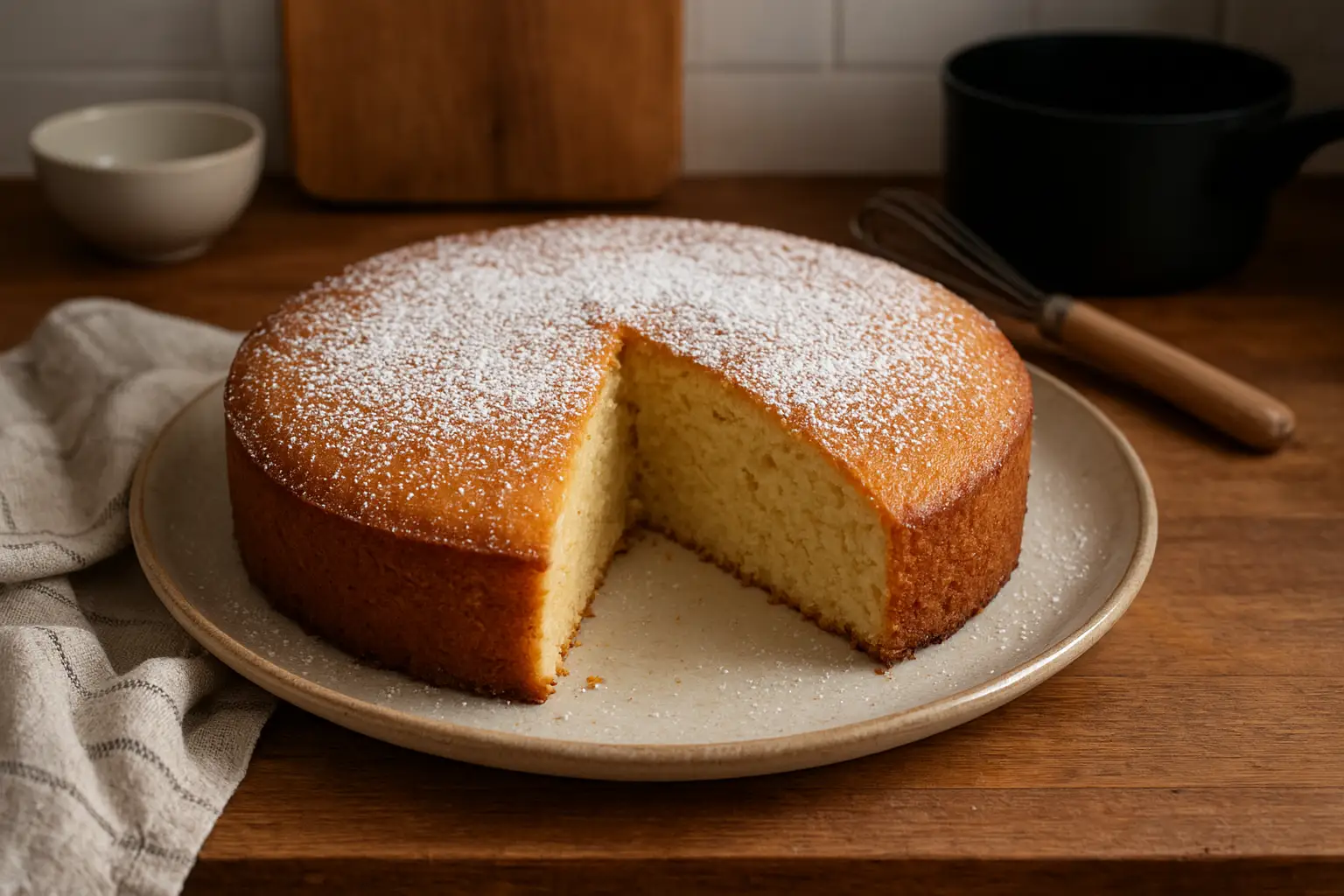 Photo d’un gâteau au petit suisse doré et moelleux, saupoudré de sucre glace, posé sur une assiette dans une cuisine familiale avec lumière naturelle.