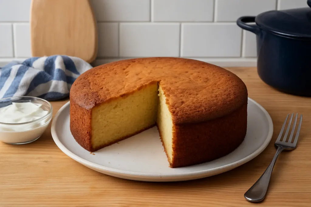 Photo d’un gâteau au Skyr fait maison, moelleux et léger, préparé avec du skyr islandais nature. Un dessert healthy riche en protéines parfait pour un goûter ou un petit-déjeuner équilibré.