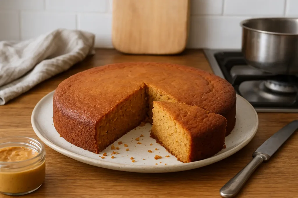 Gâteau au beurre de cacahuète moelleux fait maison, photographié dans une cuisine familiale avec une part servie sur une assiette.