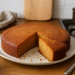 Gâteau au beurre de cacahuète moelleux fait maison, photographié dans une cuisine familiale avec une part servie sur une assiette.