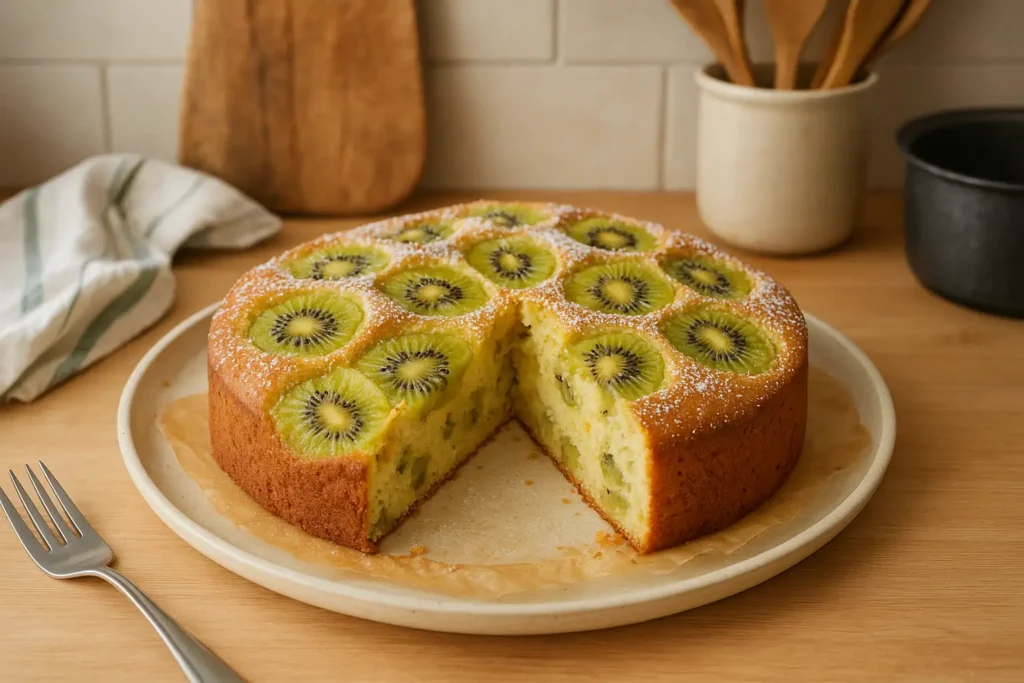 Photo d’un gâteau au kiwi moelleux et fruité, fait maison dans une cuisine familiale.