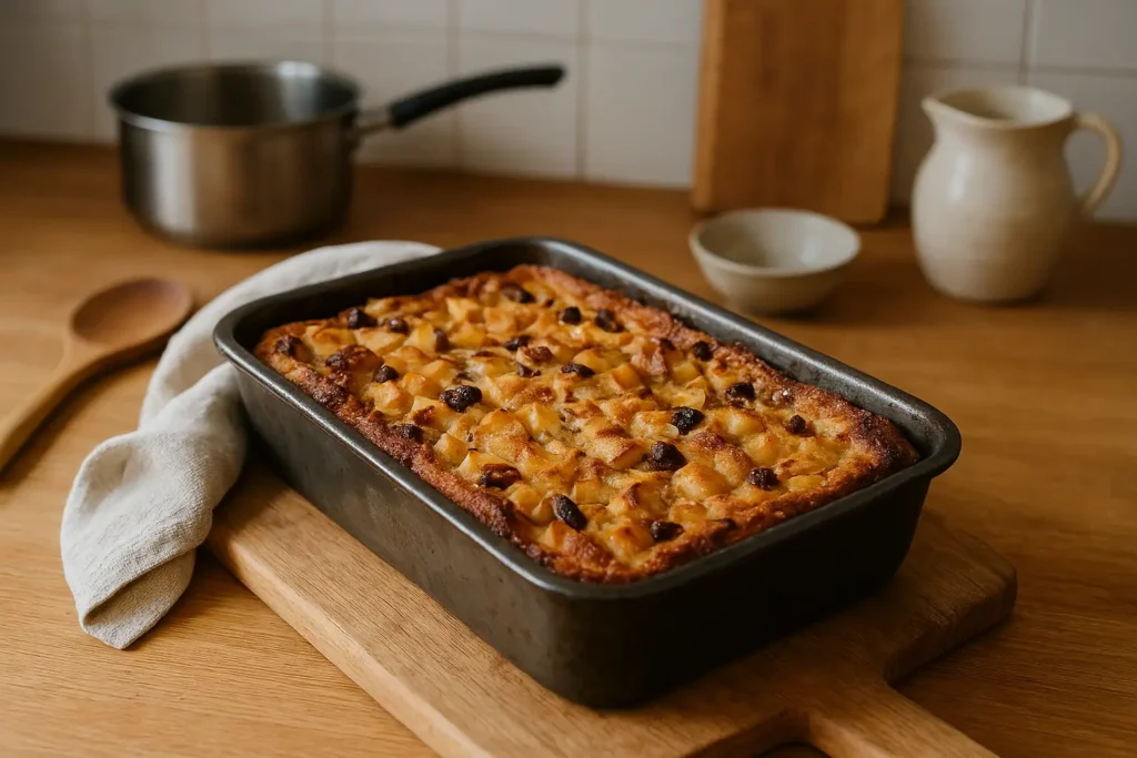 Photo d’un gâteau avec du pain rassi aux pommes, doré et moelleux, fait maison dans une cuisine familiale, illustrant une recette anti-gaspi facile et économique.