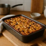 Photo d’un gâteau avec du pain rassi aux pommes, doré et moelleux, fait maison dans une cuisine familiale, illustrant une recette anti-gaspi facile et économique.