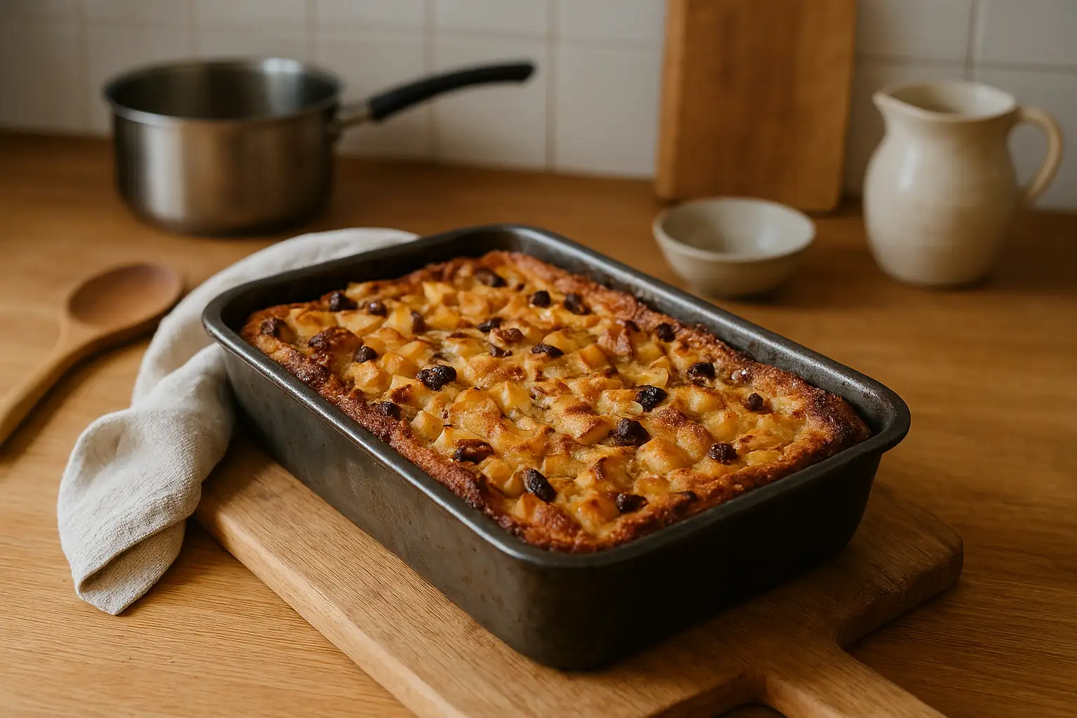 Photo d’un gâteau avec du pain rassi aux pommes, doré et moelleux, fait maison dans une cuisine familiale, illustrant une recette anti-gaspi facile et économique.
