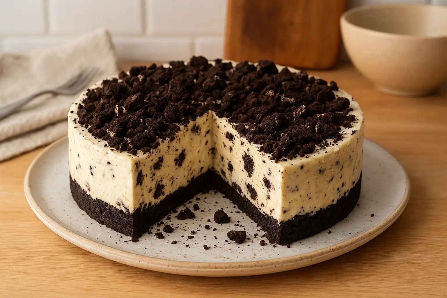 Gâteau aux Oreos maison crémeux et croustillant photographié dans une cuisine familiale