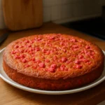 Photo d’un gâteau aux pralines roses maison, moelleux et doré, préparé dans une cuisine lyonnaise authentique, décoré de pralines roses croquantes.
