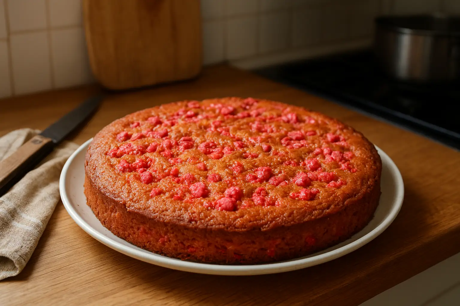 Photo d’un gâteau aux pralines roses maison, moelleux et doré, préparé dans une cuisine lyonnaise authentique, décoré de pralines roses croquantes.