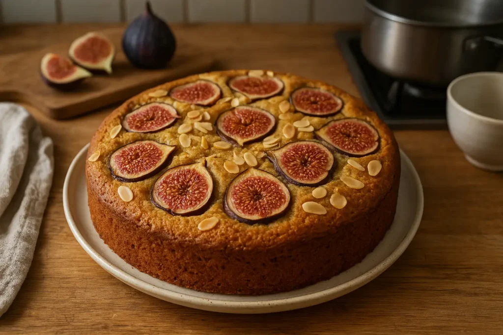 Gâteau aux figues fraîches fait maison, moelleux et doré, photographié dans une cuisine familiale, dessert d’automne simple et parfumé.