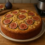 Gâteau aux figues fraîches fait maison, moelleux et doré, photographié dans une cuisine familiale, dessert d’automne simple et parfumé.