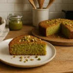 Gâteau aux pistaches moelleux fait maison sur une assiette en bois dans une cuisine