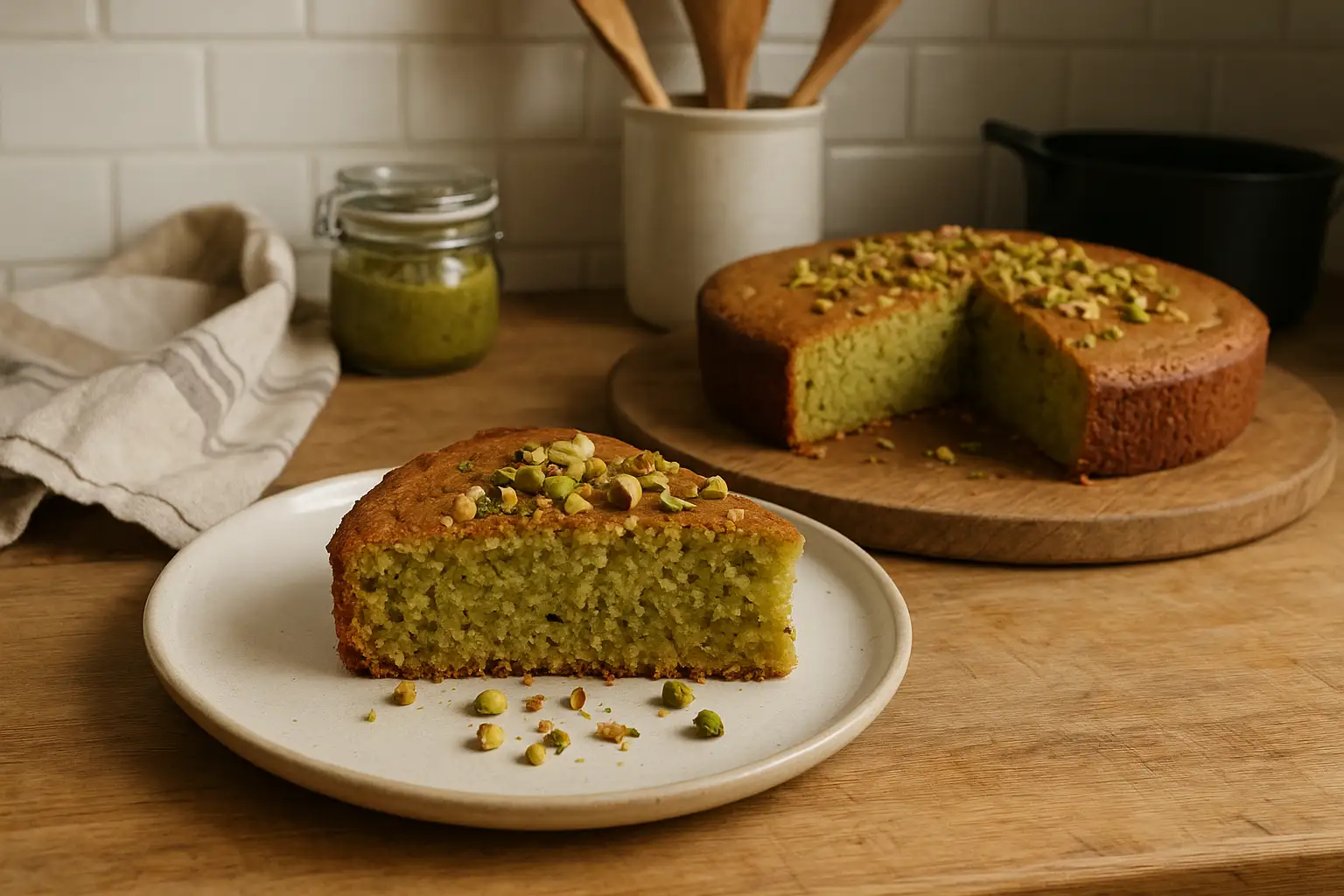 Gâteau aux pistaches moelleux fait maison sur une assiette en bois dans une cuisine