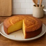 Photo d’un gâteau avec jaune d'œuf uniquement fait maison, moelleux et doré, posé sur une assiette dans une cuisine familiale, éclairée par une lumière naturelle.