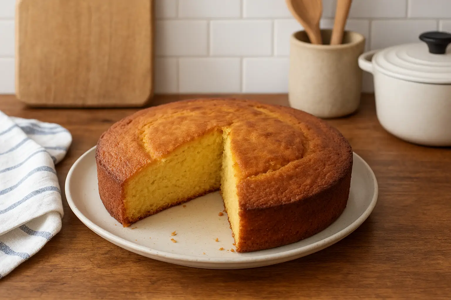 Photo d’un gâteau avec jaune d'œuf uniquement fait maison, moelleux et doré, posé sur une assiette dans une cuisine familiale, éclairée par une lumière naturelle.