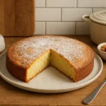Photo d’un gâteau avec poudre d’amande fait maison, moelleux et doré, posé sur une table de cuisine familiale.