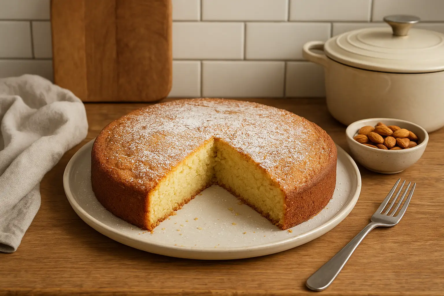 Photo d’un gâteau avec poudre d’amande fait maison, moelleux et doré, posé sur une table de cuisine familiale.