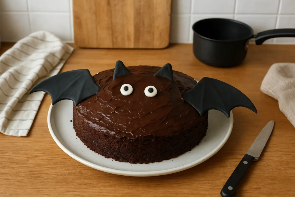 Gâteau chauve-souris d’Halloween au chocolat décoré avec pâte à sucre noire dans une cuisine familiale