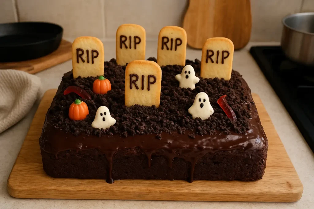 Photo d’un gâteau cimetière au chocolat décoré pour Halloween, pris dans une cuisine familiale.