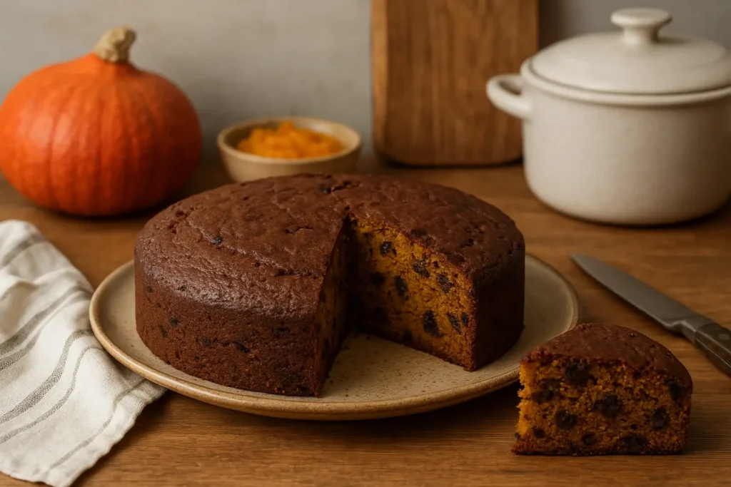 Gâteau citrouille chocolat moelleux fait maison dans une cuisine familiale