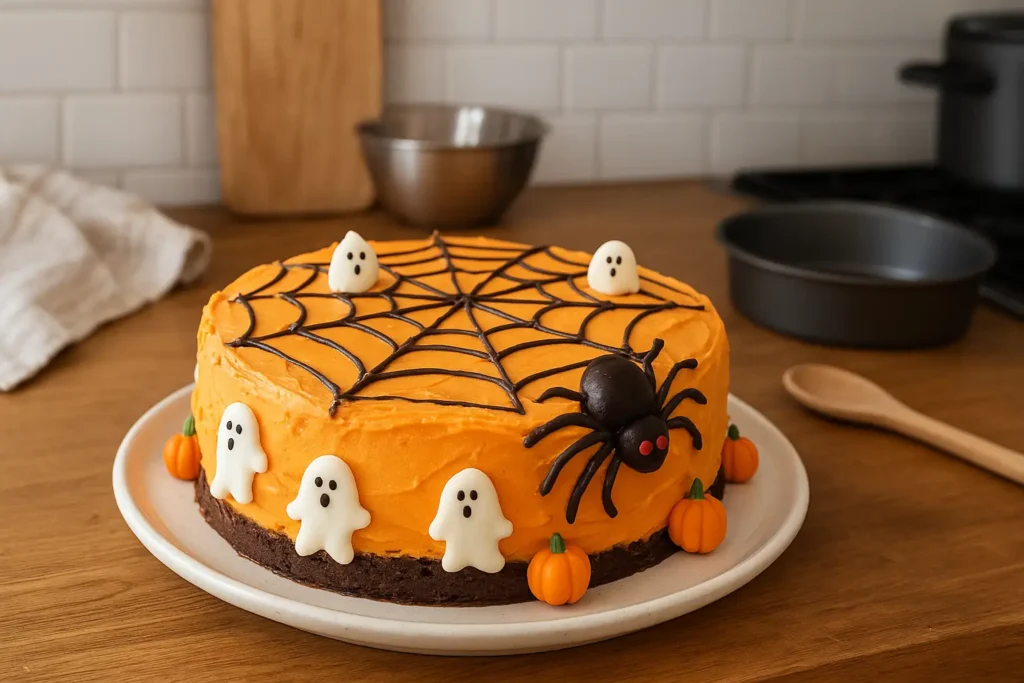 Gâteau d’Halloween au chocolat décoré de toiles d’araignées et bonbons effrayants, recette facile faite maison