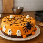 Gâteau d’Halloween au chocolat décoré de toiles d’araignées et bonbons effrayants, recette facile faite maison