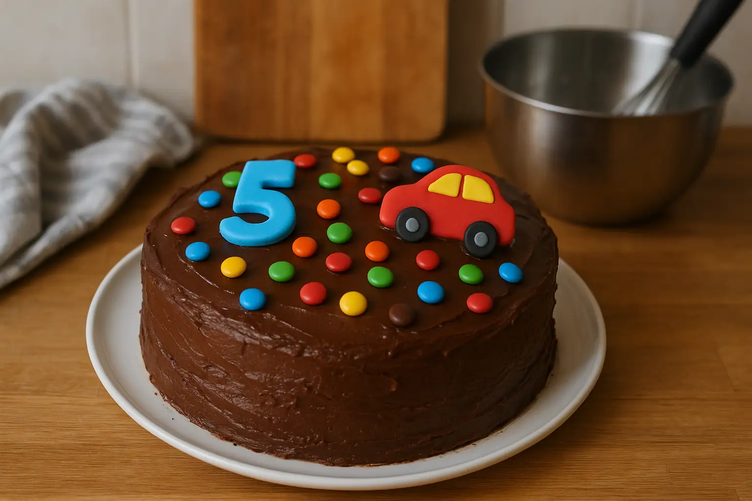 Photo d’un gâteau d’anniversaire pour garçon fait maison, moelleux et décoré simplement dans une cuisine familiale, idéal pour une fête d’enfant.
