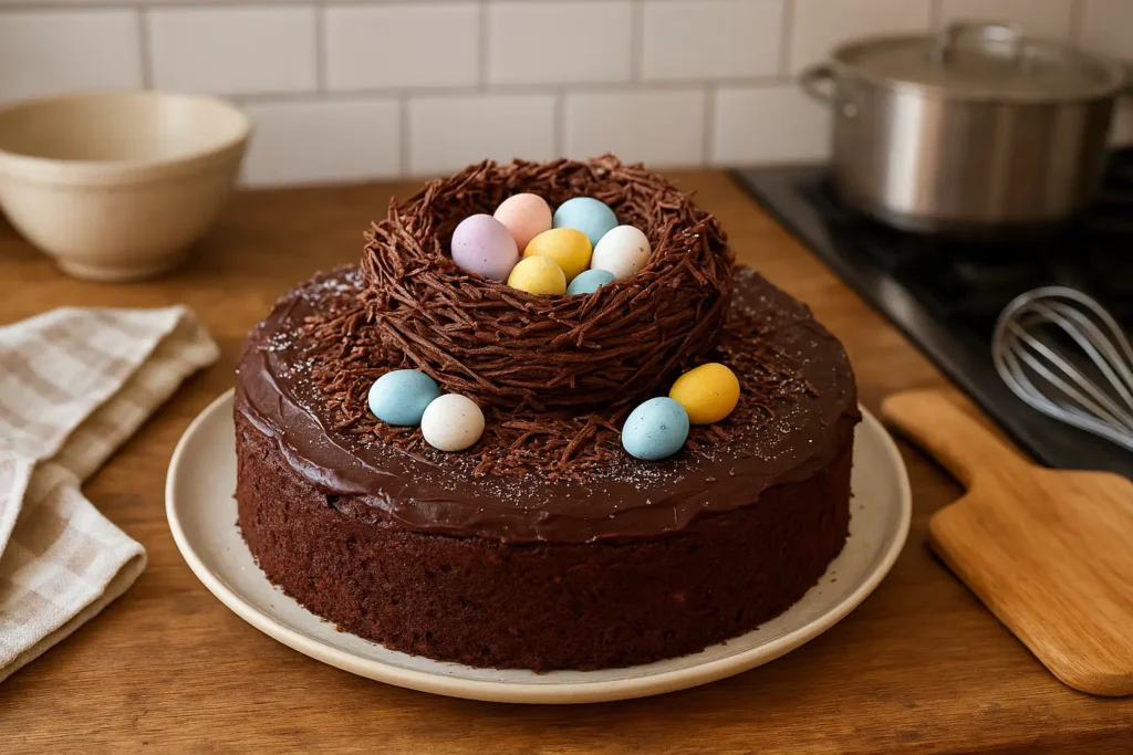 Gâteau de Pâques au chocolat décoré comme un nid avec des œufs colorés, photographié dans une cuisine familiale