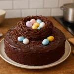 Gâteau de Pâques au chocolat décoré comme un nid avec des œufs colorés, photographié dans une cuisine familiale