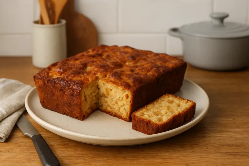 Gâteau de pain perdu maison dans une cuisine familiale, dessert anti-gaspillage fait avec du pain rassis