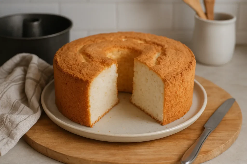 Gâteau des anges moelleux fait maison sur une assiette, photographié dans une cuisine familiale