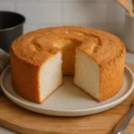Gâteau des anges moelleux fait maison sur une assiette, photographié dans une cuisine familiale