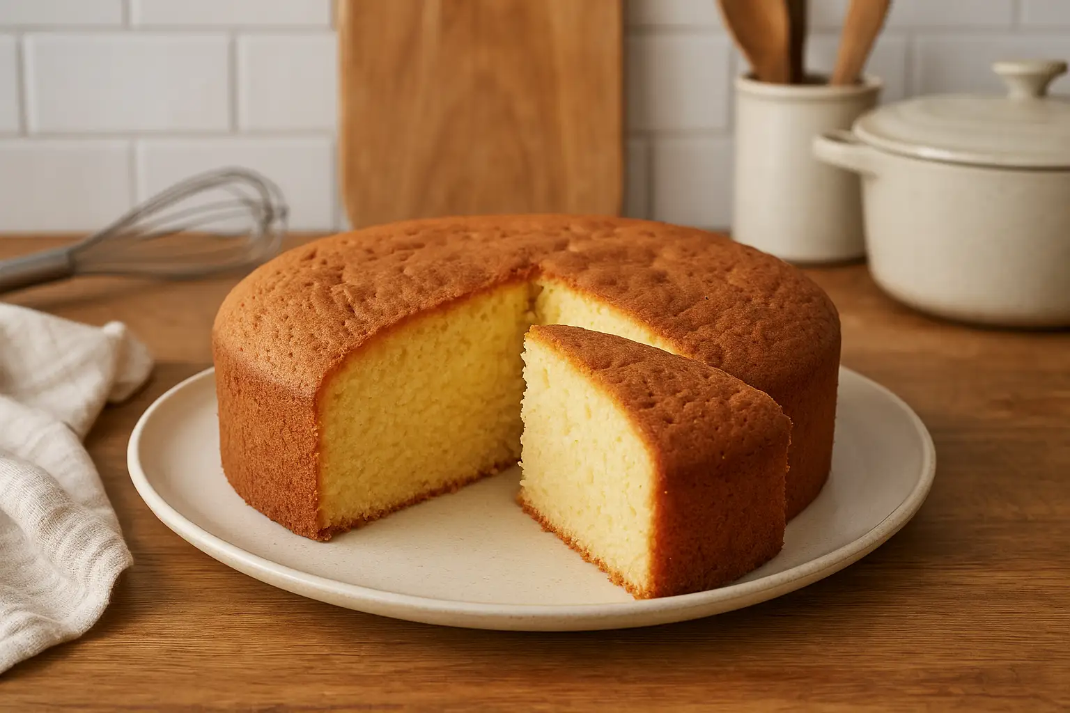 Gâteau éponge moelleux fait maison sur une table de cuisine, texture légère et aérée