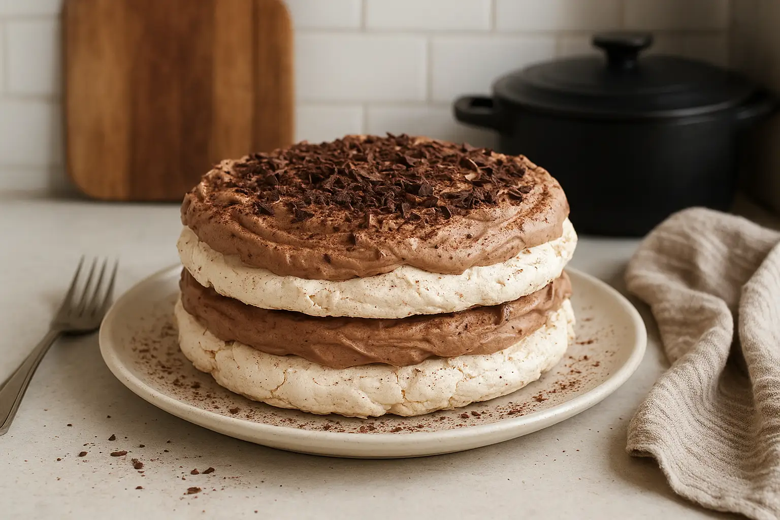 Photo du gâteau le merveilleux fait maison, dessert meringué avec chantilly au chocolat, photographié dans une cuisine familiale.
