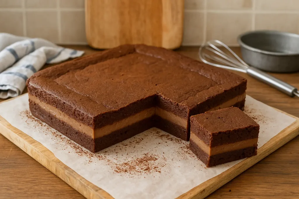 Gâteau magique au chocolat fait maison avec trois couches fondantes flan, crème et génoise