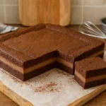 Gâteau magique au chocolat fait maison avec trois couches fondantes flan, crème et génoise