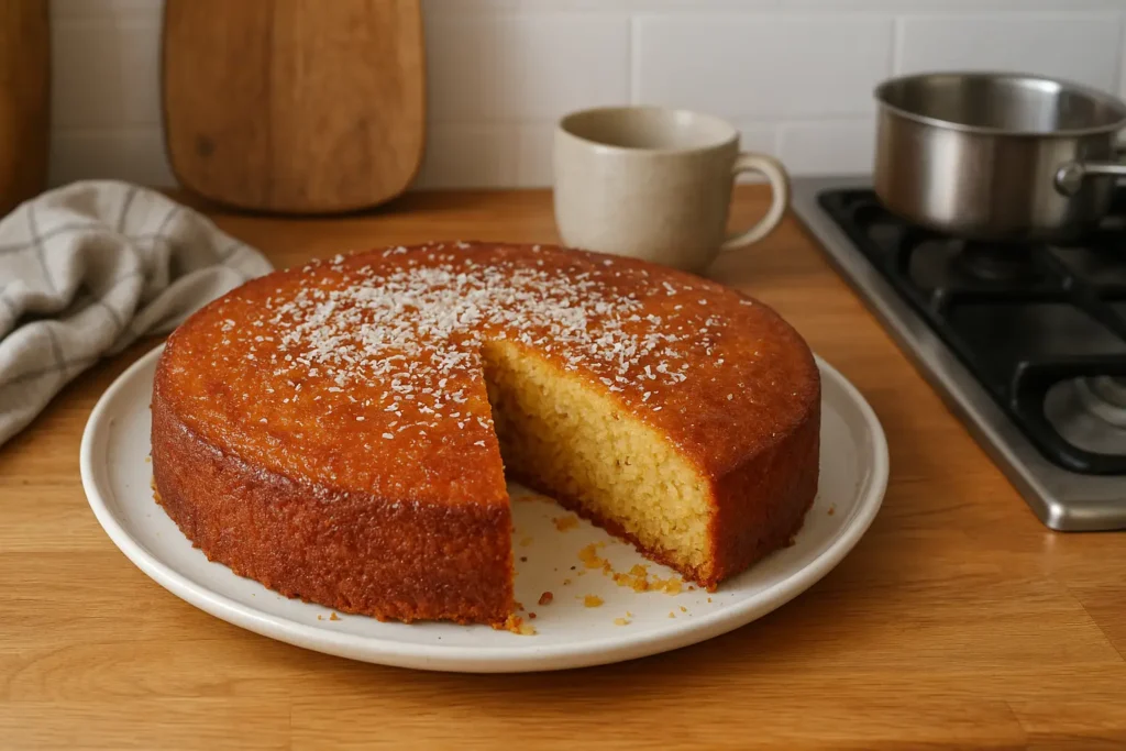 Photo d’un gâteau marocain au miel traditionnel, doré et moelleux, préparé à la maison et nappé de miel, posé sur une table de cuisine marocaine avec des ustensiles rustiques.