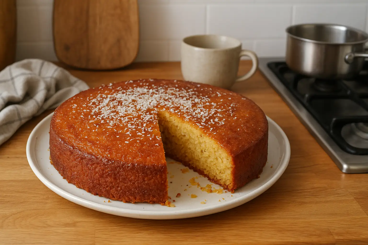 Photo d’un gâteau marocain au miel traditionnel, doré et moelleux, préparé à la maison et nappé de miel, posé sur une table de cuisine marocaine avec des ustensiles rustiques.