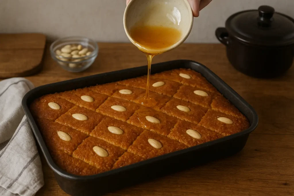 Photo d’un gâteau oriental au miel fait maison, doré et nappé de miel, décoré d’amandes, photographié dans une cuisine familiale avec des ustensiles traditionnels.