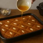 Photo d’un gâteau oriental au miel fait maison, doré et nappé de miel, décoré d’amandes, photographié dans une cuisine familiale avec des ustensiles traditionnels.