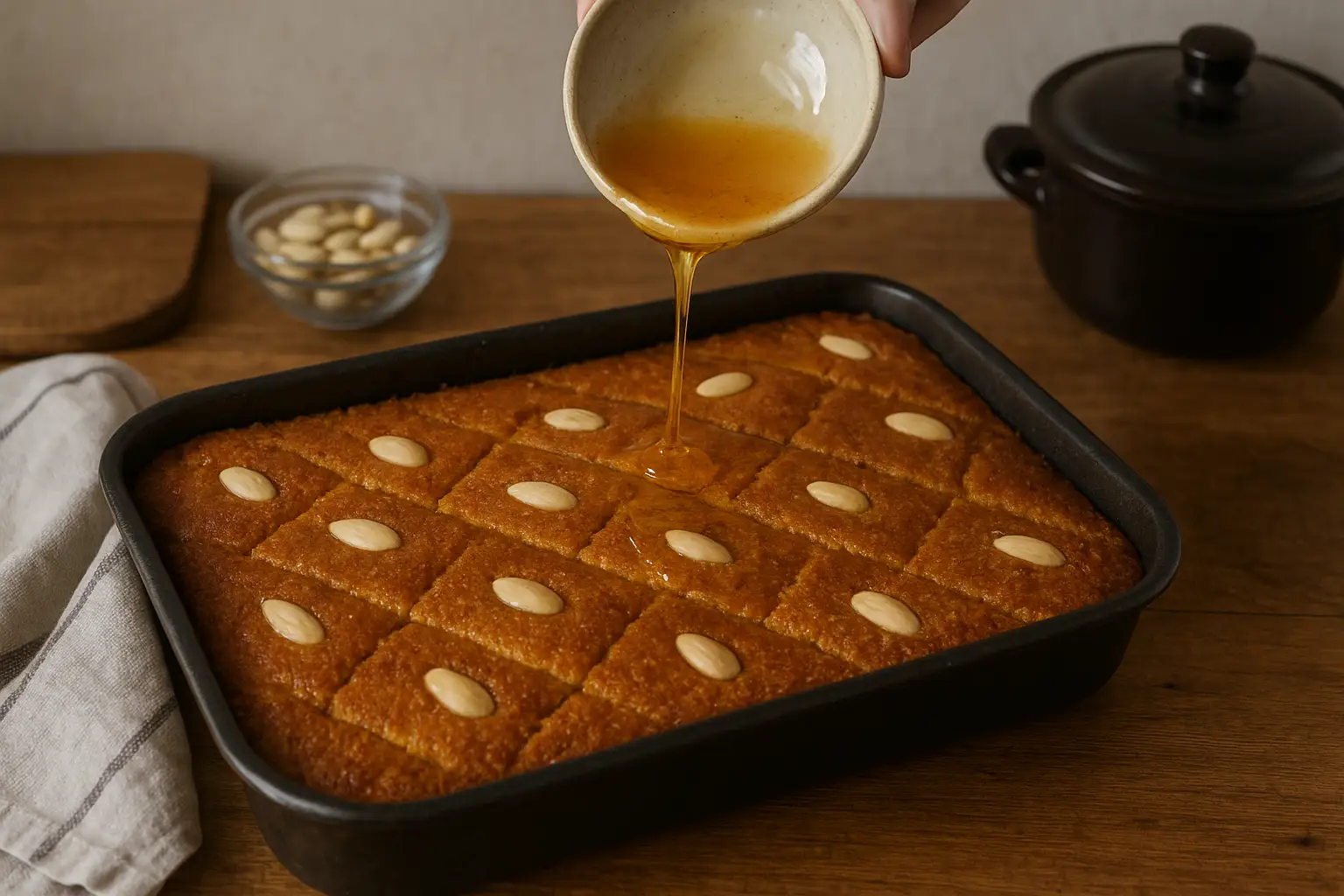 Photo d’un gâteau oriental au miel fait maison, doré et nappé de miel, décoré d’amandes, photographié dans une cuisine familiale avec des ustensiles traditionnels.