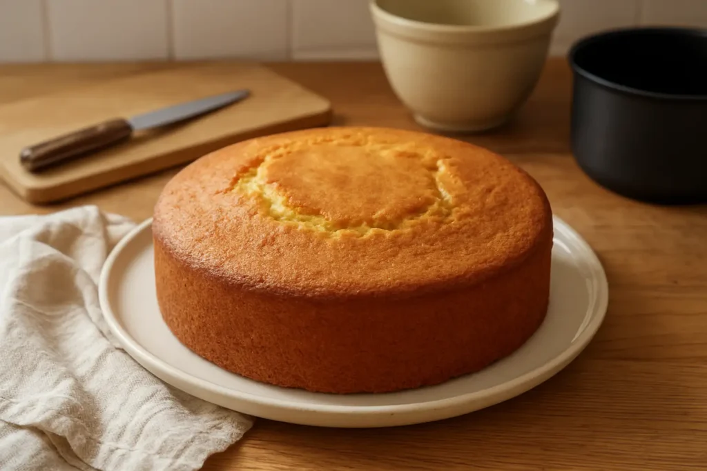 Photographie d’un gâteau pour le goûter maison, doré et moelleux, posé sur une table de cuisine avec une ambiance chaleureuse et authentique.
