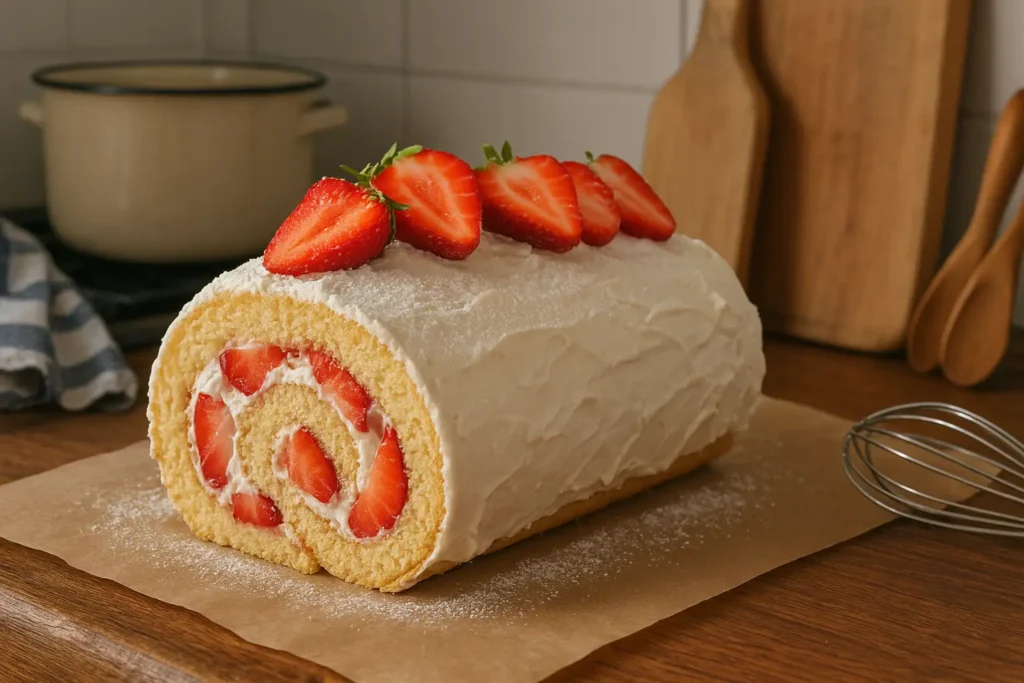 Photo d’un gâteau roulé aux fraises maison avec génoise légère, chantilly mascarpone et fraises fraîches, préparé dans une cuisine familiale avec une touche artisanale.