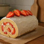 Photo d’un gâteau roulé aux fraises maison avec génoise légère, chantilly mascarpone et fraises fraîches, préparé dans une cuisine familiale avec une touche artisanale.