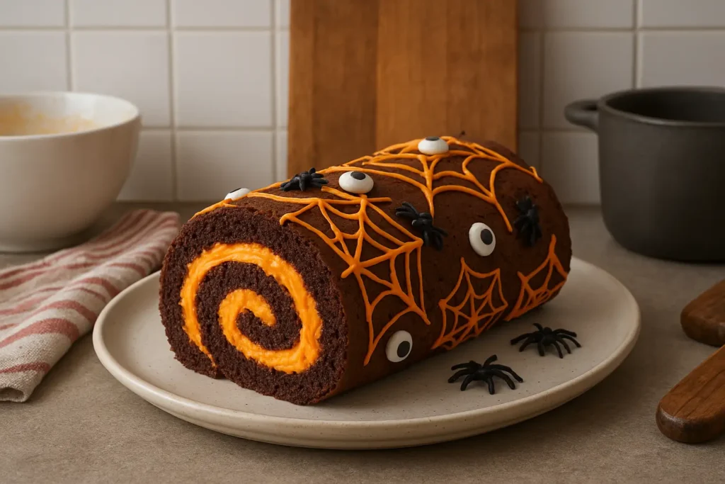 Photo d’un gâteau roulé d’Halloween fait maison, moelleux et décoré de motifs effrayants en chocolat et orange, parfait comme dessert d’Halloween facile à réaliser à la maison.