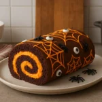 Photo d’un gâteau roulé d’Halloween fait maison, moelleux et décoré de motifs effrayants en chocolat et orange, parfait comme dessert d’Halloween facile à réaliser à la maison.