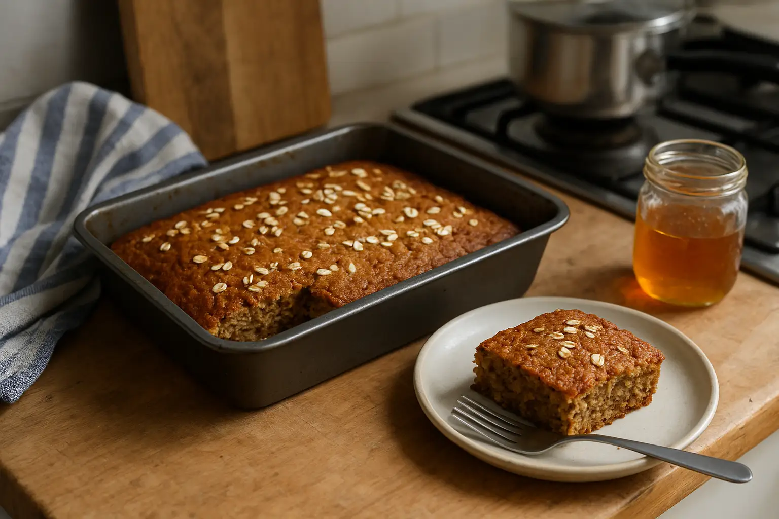 Photo d’un gâteau sport banane avoine fait maison, moelleux et doré, idéal pour une collation saine et énergétique avant ou après le sport.