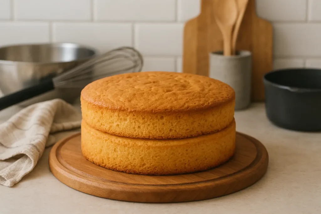 Photo d’une génoise pour gâteau à étage légère et moelleuse, faite maison dans une cuisine familiale, parfaite pour un layer cake ou un wedding cake.