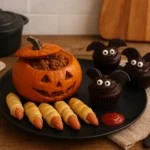 Menu d’Halloween effrayant et gourmand : entrée, plat et dessert dans une ambiance automnale festive