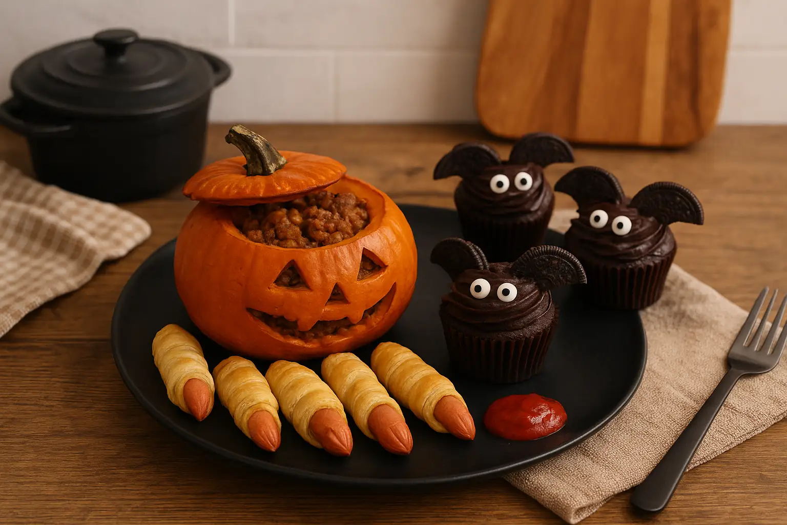 Menu d’Halloween effrayant et gourmand : entrée, plat et dessert dans une ambiance automnale festive