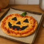 Photo d'une pizza Halloween maison en forme de citrouille, faite à la main dans une cuisine familiale, avec fromage fondant et décorations effrayantes, parfaite pour une soirée Halloween amusante avec les enfants.